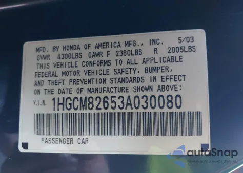 2003 Honda Accord 3.0 Ex from USA, damaged, VIN 1HGCM82653A030080